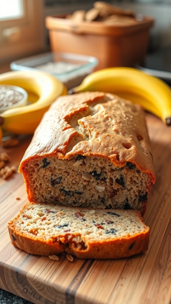 A sliced loaf of banana bread on a cutting board with bananas and flaxseed in the background.